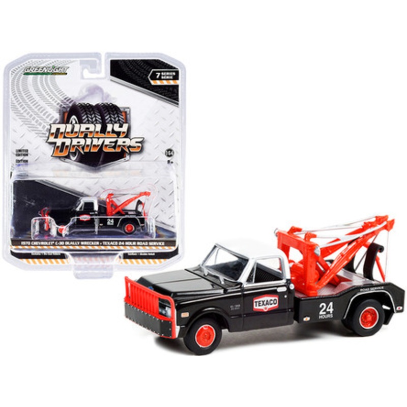 1970 Chevrolet C-30 Dually Wrecker Tow Truck "Texaco 24 Hour Road Service" Black and Red with White Top "Dually Drivers" Series 7 1/64 Diecast Model Car by Greenlight