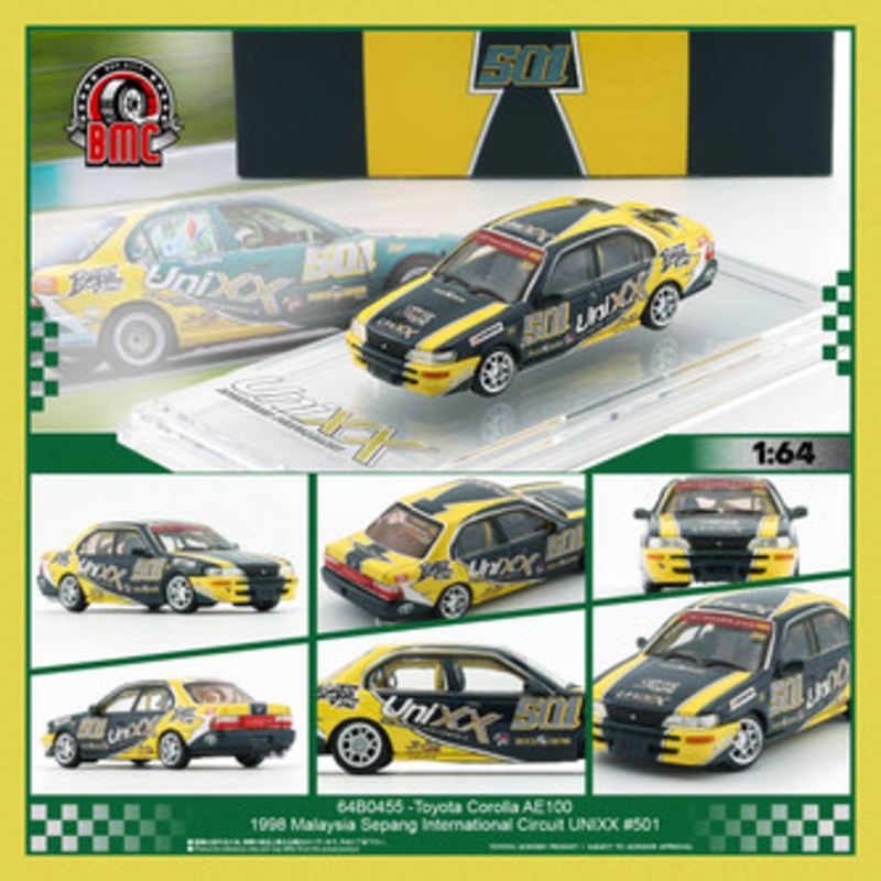 1/64 BMC 1998 Toyota Corolla AE100 Malaysia Sepang International Circuit UNIXX #501 Diecast Car Model