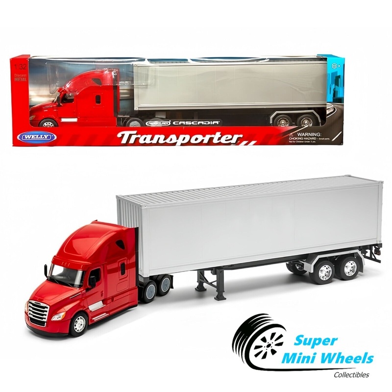 Welly 1:32 Freightliner Cascadia Container  Red w/ Grey Container  Transporter