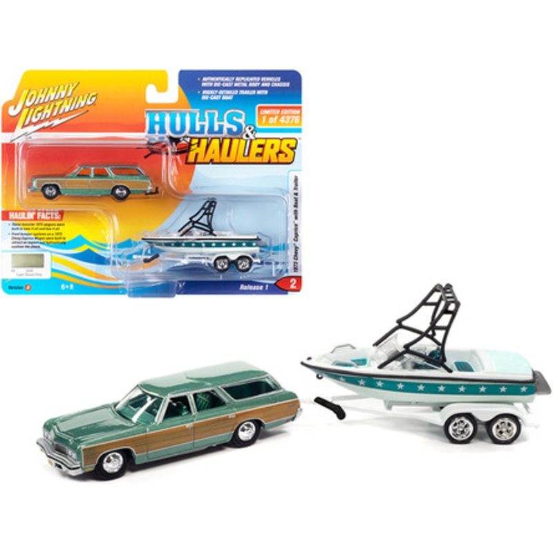 1973 Chevrolet Caprice Wagon Light Green Metallic with Woodgrain Sides with Mastercraft Boat and Trailer Limited Edition to 4376 pieces Worldwide "Hulls & Haulers" Series 1/64 Diecast Model Car by Johnny Lightning