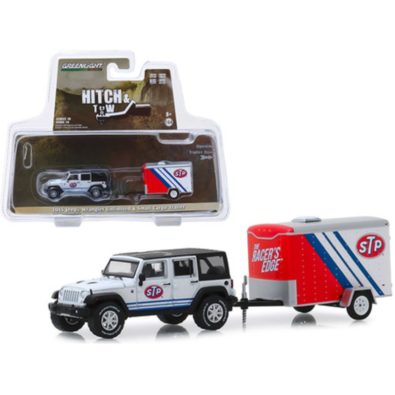2015 Jeep Wrangler Unlimited "STP" White with Black Top and "STP" Small Cargo Trailer "Hitch & Tow" Series 18 1/64 Diecast Model Car by Greenlight