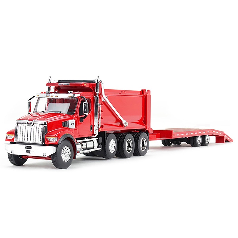 Western Star 49X Truck with Ox Bodies Dump & Beaver Tail Trailer Viper Red 1/64 Diecast Model by DCP/First Gear
