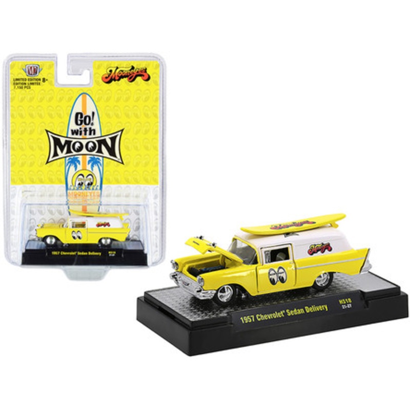 1957 Chevrolet Sedan Delivery Yellow with White Top with Surfboard "Mooneyes" Santa Fe Springs Limited Edition to 7150 pieces Worldwide 1/64 Diecast Model Car by M2 Machines