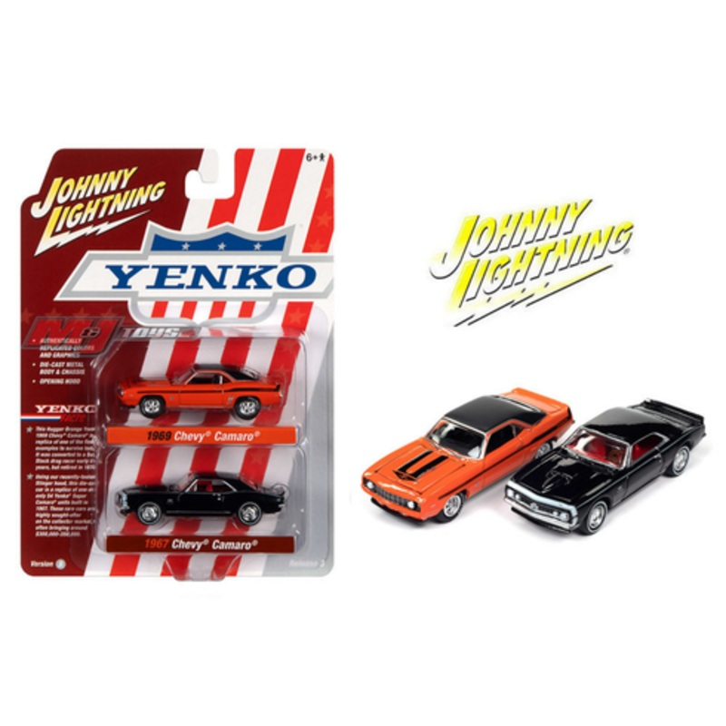 1/64 Johnny Lightning Yenko 1969 Chevrolet Camaro (Orange) & 1967 Chevrolet Camaro (Black) Diecast Car Models