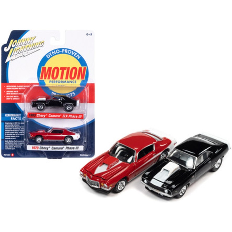 1969 Chevrolet Camaro ZLX Phase III Black with White Stripes and 1973 Chevrolet Camaro Phase III Medium Red and White "Baldwin Motion" Set of 2 Cars 1/64 Diecast Model Cars by Johnny Lightning