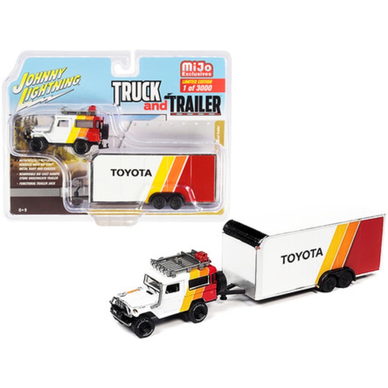 1980 Toyota Land Cruiser White and Red with Yellow and Orange Stripes and Enclosed Car Trailer "Toyota" Limited Edition to 3000 pieces Worldwide "Truck and Trailer" Series 1/64 Diecast Model Car by Johnny Lightning
