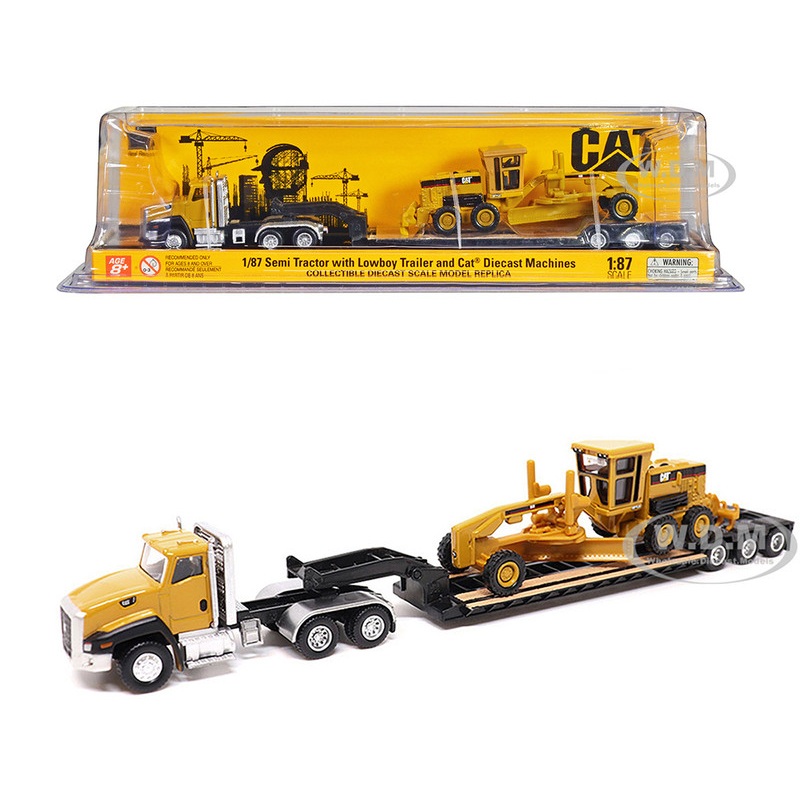 CAT Caterpillar CT660 Day Cab Tractor Yellow with Lowboy Trailer and CAT 163H Motor Grader Yellow 1/87 (HO) Diecast Model by Diecast Masters