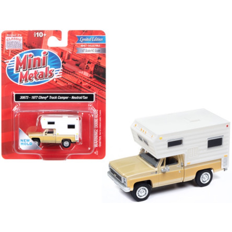1977 Chevrolet Fleetside Pickup Truck with Camper Beige Metallic and Tan "Mini Metals" Series 1/87 (HO) Scale Model Car by Classic Metal Works