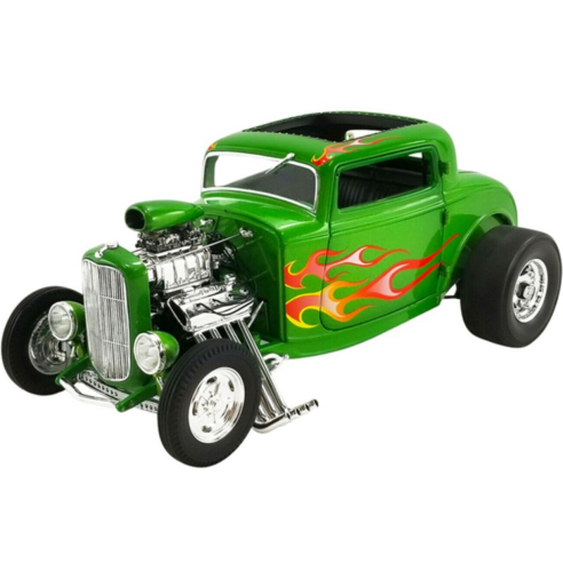 1/18 ACME 1932 Ford Blown 3 Window Hot Rod (Rat Fink Green with Flames) Diecast Car Model