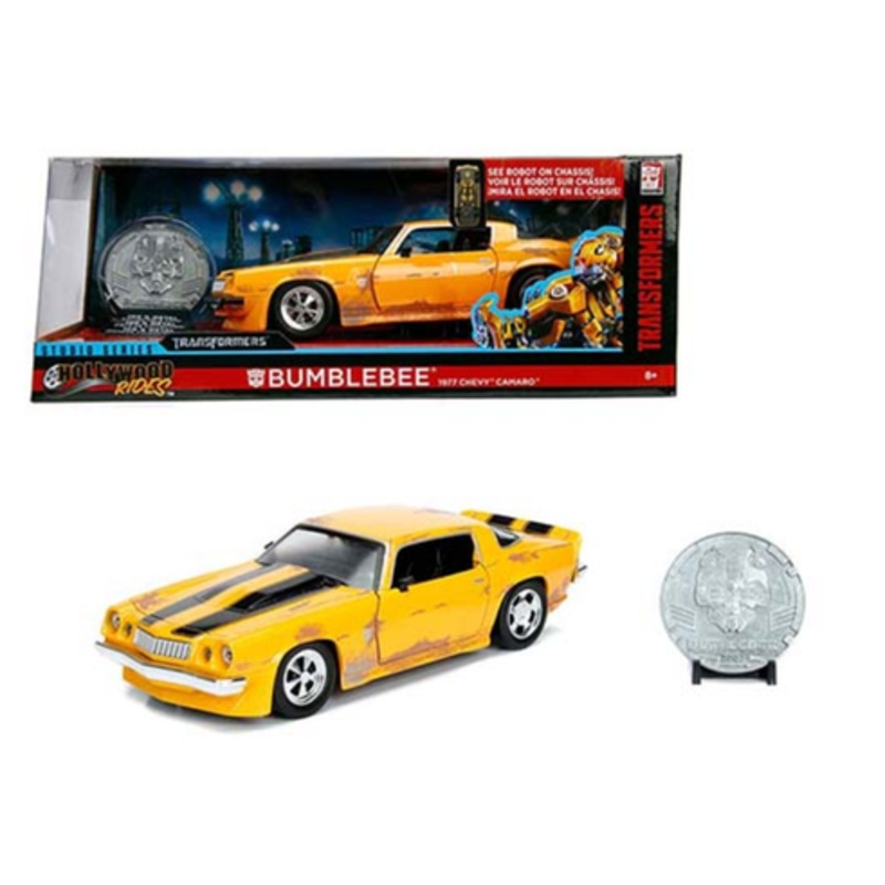 1/24 Jada Hollywood Rides Transformers Bumblebee 1977 Chevrolet Camaro (Weathered) with Collectible Coin Diecast Car Model