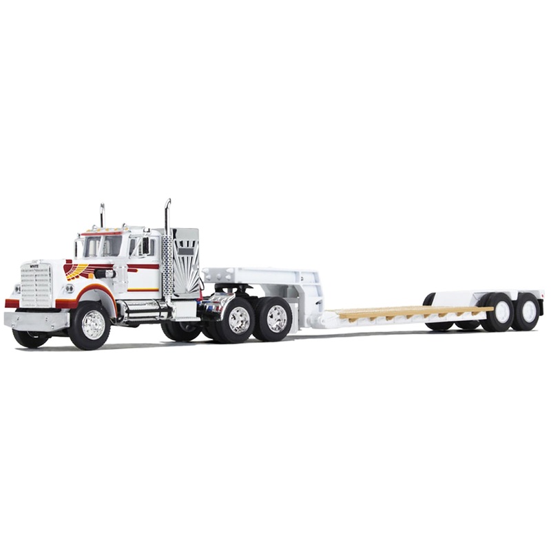 Western Star 4900 with 36" Vintage Flat Top Sleeper and Rogers Vintage Lowboy Trailer White with Graphics 1/64 Diecast Model by DCP/First Gear