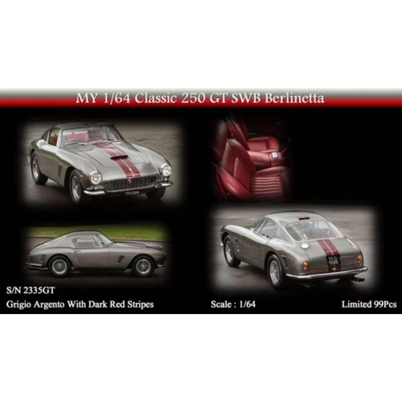 1/64 MY64 Classic Ferrari 250 GT SWB Berlinetta S/N 2335GT (Grigio Argento Grey with Dark Red Stripes) Diecast Car Model Limited 99 Pieces