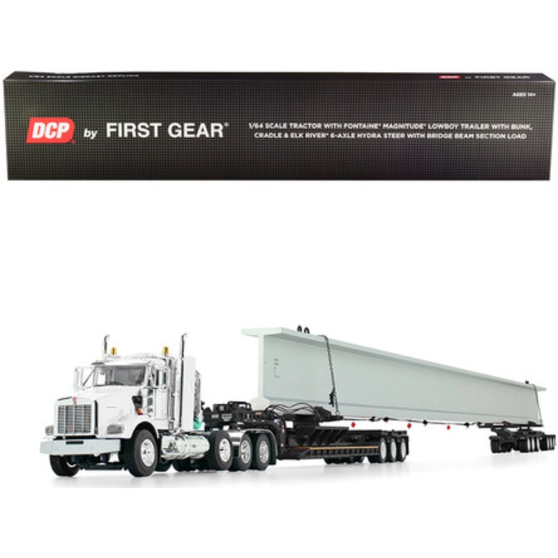 Kenworth T800 38" Sleeper Cab with Fontaine Magnitude Lowboy Trailer with Bunk and Cradle and Elk River 6-Axle Hydra Steer Trailer with Bridge Beam Section Load White and Black 1/64 Diecast Model by DCP/First Gear