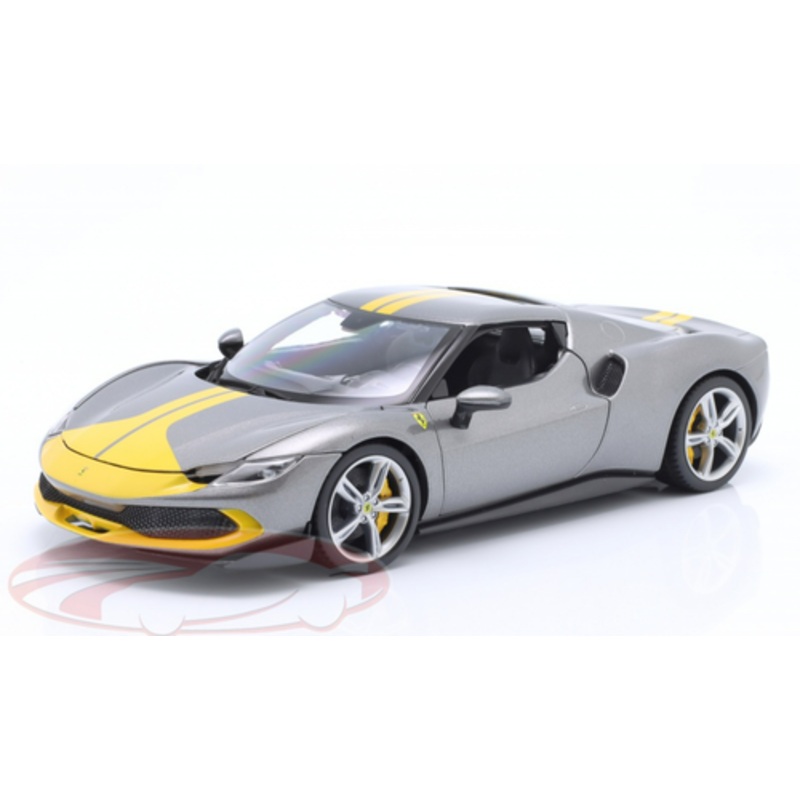1/18 Bburago 2022 Ferrari 296 GTB Assetto Fiorano (Grey Metallic & Yellow) Diecast Car Model