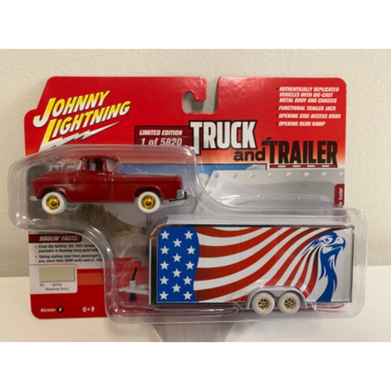CHASE CAR 1955 Chevrolet Cameo Pickup Truck Bombay Ivory with Enclosed Car Trailer Limited Edition to 5820 pieces Worldwide "Truck and Trailer" Series 1/64 Diecast Model Car by Johnny Lightning