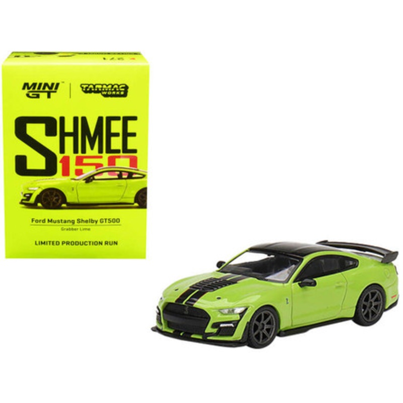 Ford Mustang Shelby GT500 Grabber Lime Green with Black Top and Stripes "Shmee150 Collection" "Collaboration Model" 1/64 Diecast Model Car by True Scale Miniatures & Tarmac Works