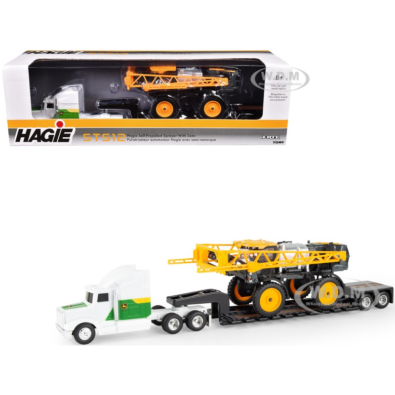 Semi Truck "John Deere" White and Green with Flatbed Trailer and Hagie STS12 Sprayer Yellow 1/64 Diecast Models by ERTL TOMY