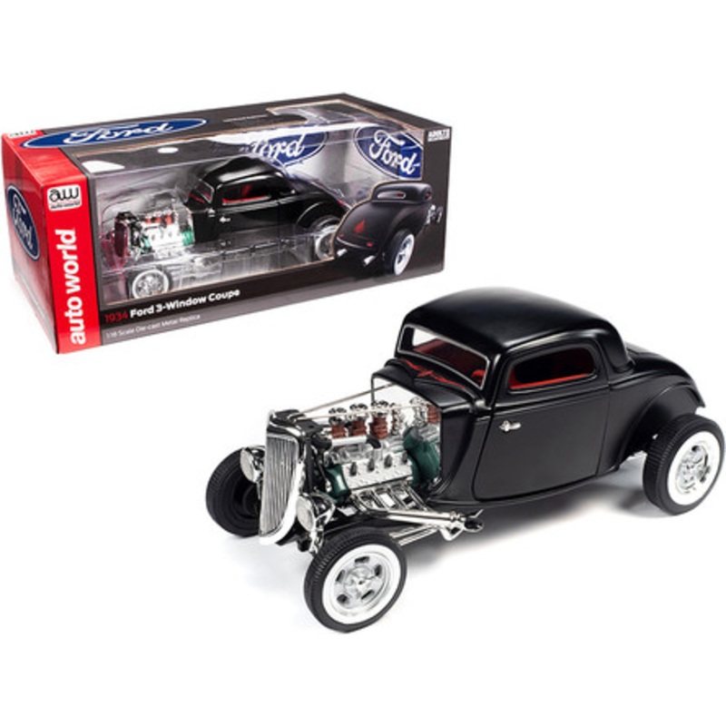 1/18 Auto World 1934 Ford 3-Window Coupe "High Boy Hot Rod" (Matte Black with Red Interior) Diecast Car Model