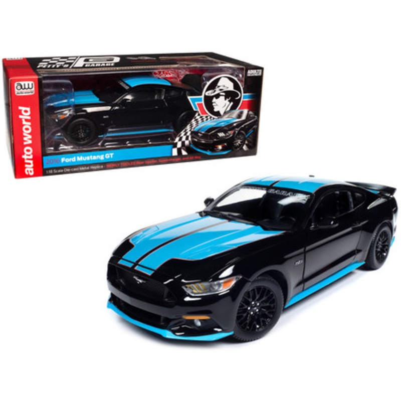 1/18 Auto World 2015 Ford Mustang GT 5.0 (Black with Petty Blue Stripes "Petty's Garage") Diecast Car Model