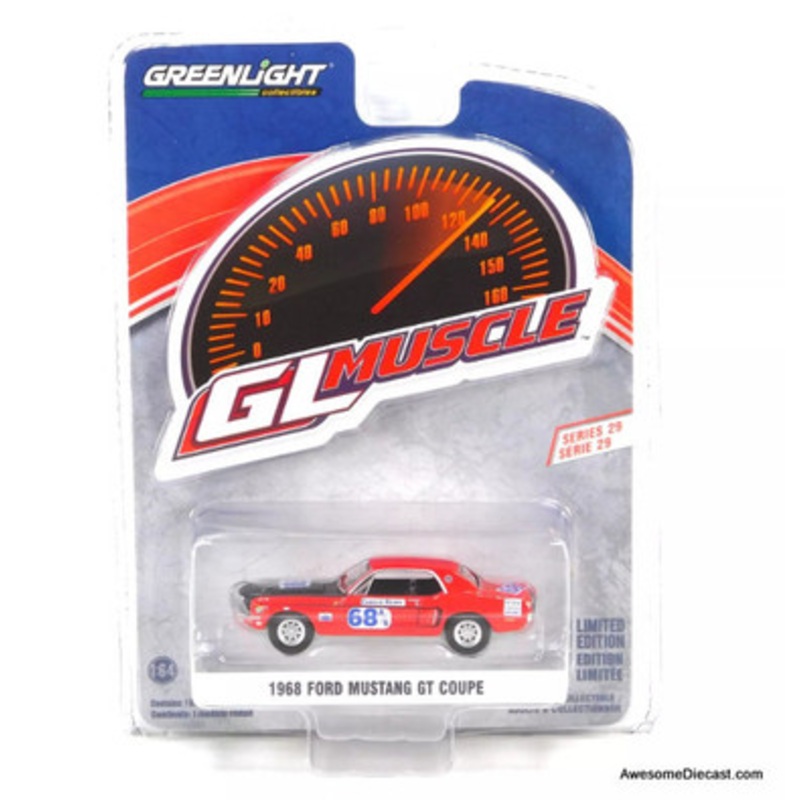 1968 Ford Mustang GT Coupe #68, Red: Charlie Henry Race Car 1:64 Diecast Model Car by Greenlight
