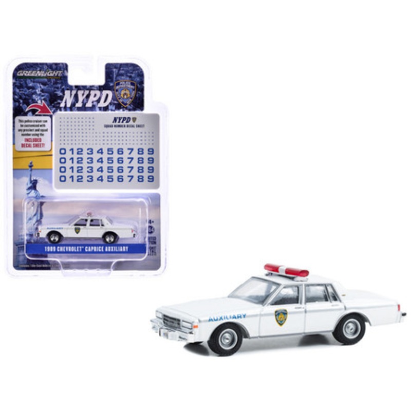 1989 Chevrolet Caprice "New York Police Department (NYPD)" White with NYPD Squad Number Decal Sheet "Hobby Exclusive" Series 1/64 Diecast Model Car by Greenlight