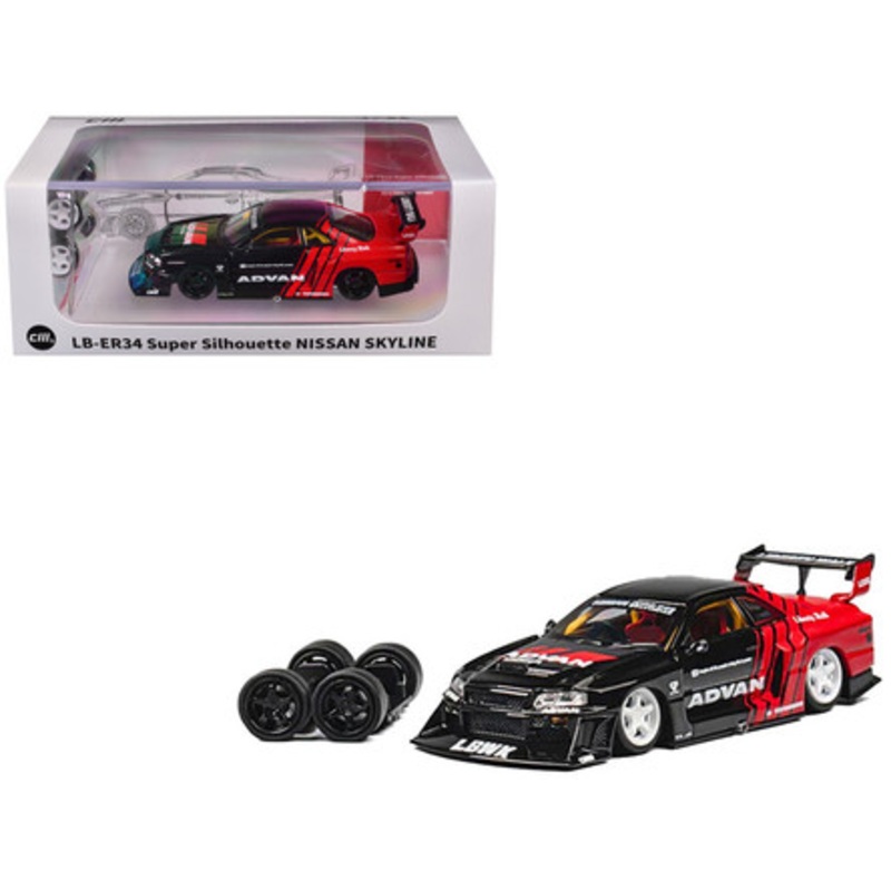 Nissan Skyline LB-ER34 "Super Silhouette" RHD (Right Hand Drive) "ADVAN" Black and Red with Extra Wheels 1/64 Diecast Model Car by CM Models