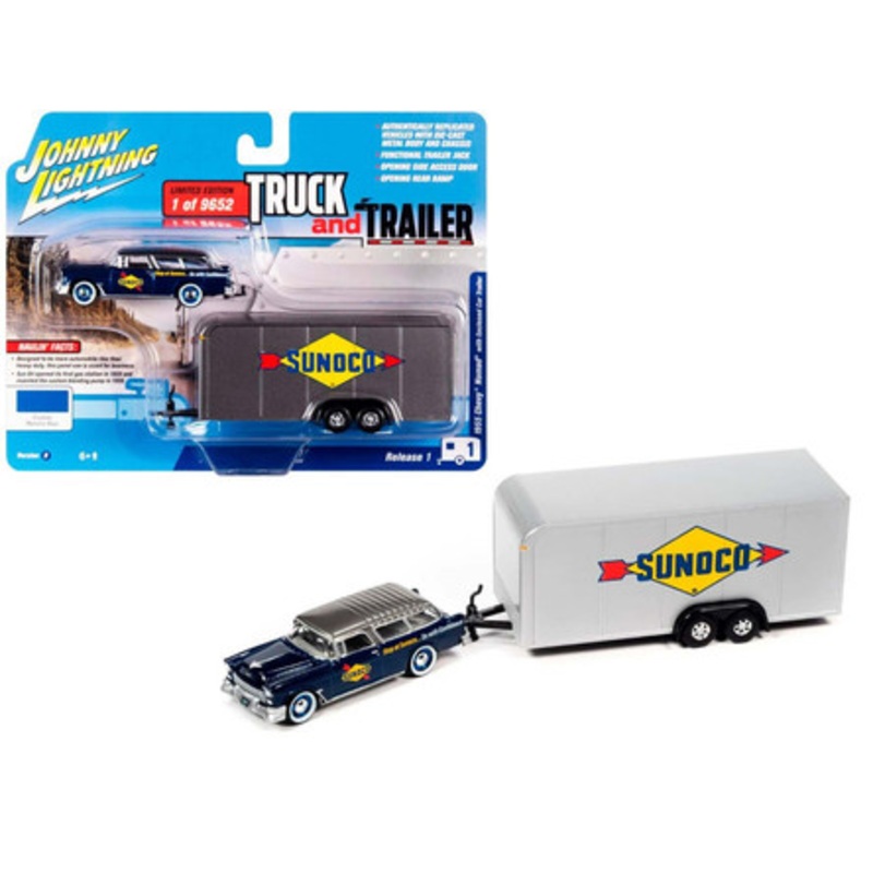 1/64 Johnny Lightning 1955 Chevrolet Nomad with Enclosed Car Trailer (Custom Metallic Blue) Sunoco Diecast Car Model