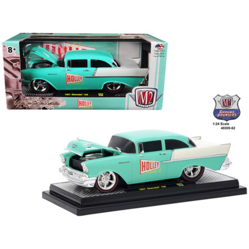1957 Chevrolet 150 "Holley" Sea Foam Green and India Ivory 1/24 Diecast Model Car by M2 Machines