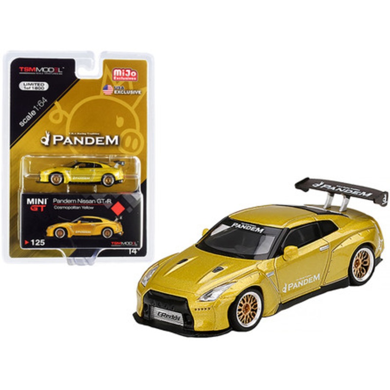 Nissan GT-R (R35) Pandem with GT Wing Cosmopolitan Yellow Metallic with Gold Wheels Limited Edition to 1800 pieces Worldwide 1/64 Diecast Model Car by True Scale Miniatures