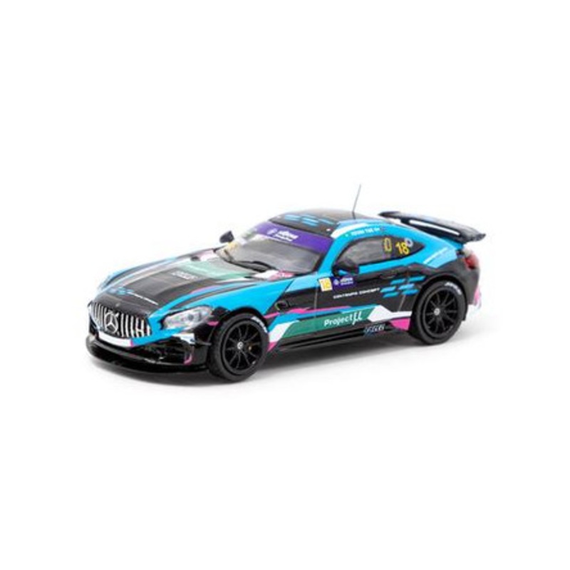 Tarmac Works 1:64 Hobby64 - Mercedes-AMG GT4 - Greater Bay Area GT Cup Macau 2019 Winner - Kevin Tse #18 (Black/Blue) Diecast Car Model (Limited to 1248 pieces)