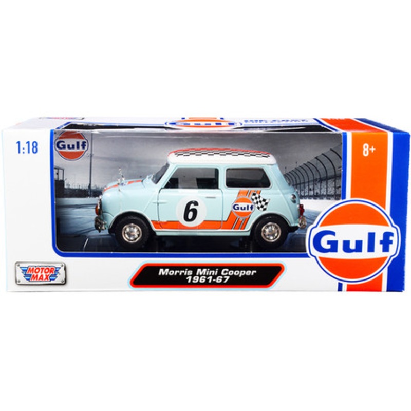 1/18 Motormax 1961-1967 Morris Mini Cooper RHD (Right Hand Drive) #6 "Gulf Oil" Light Blue with Orange Stripes and Checkered Top Diecast Car Model