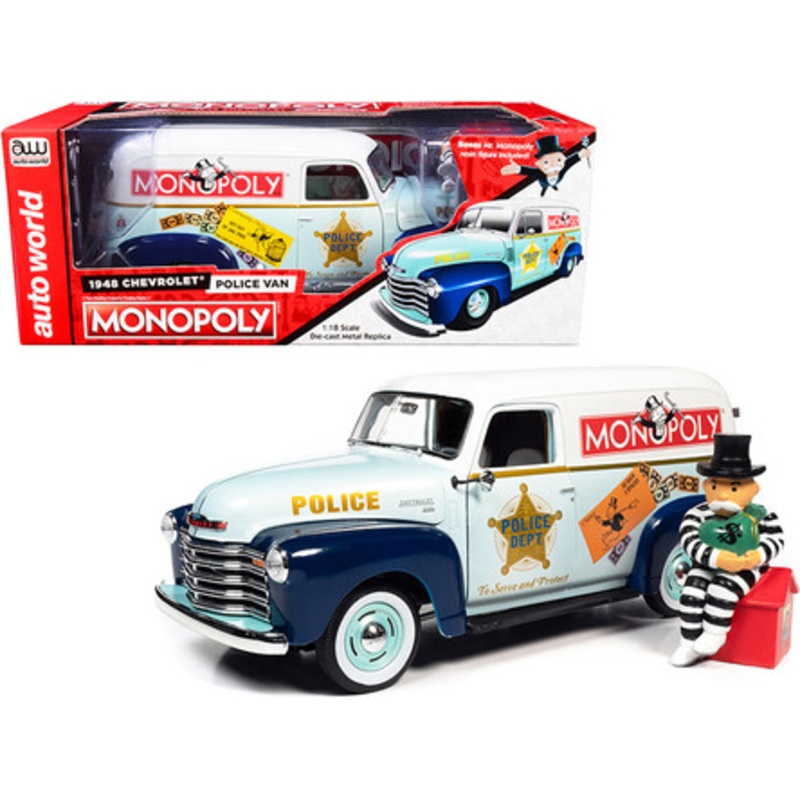 1/18 Auto World 1948 Chevrolet Panel Police Van with Mr. Monopoly Figurine "Monopoly" Diecast Car Model