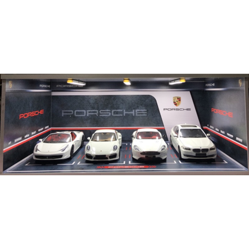 1/18 Porsche Theme 4 Car Garage Parking Scene w/ Lights (car model not included) Red