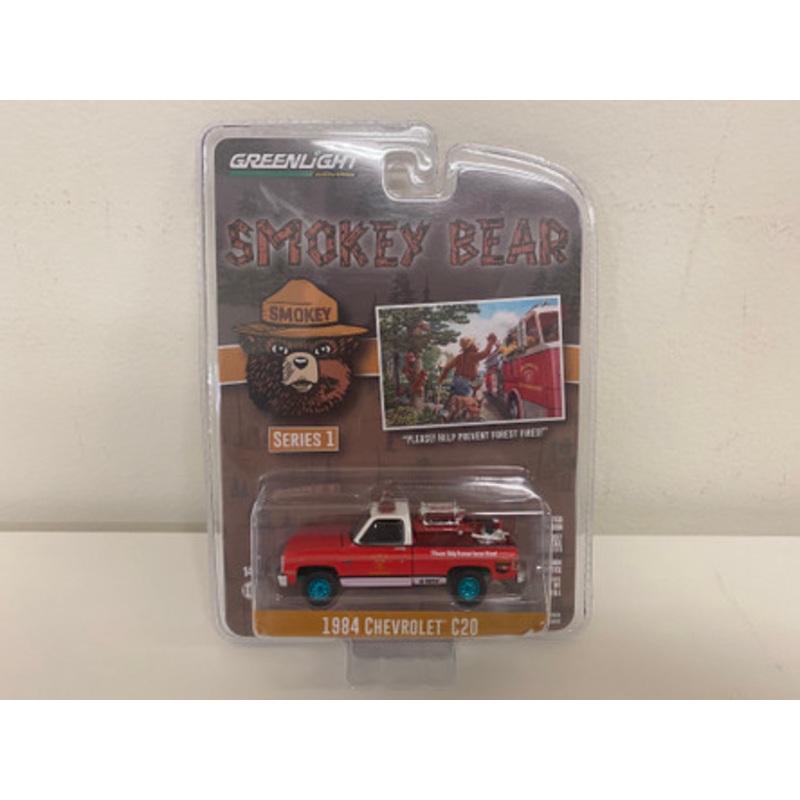 CHASE CAR 1984 Chevrolet C20 Pickup Truck with Fire Equipment Hose and Tank "Please! Help Prevent Forest Fires!" "Smokey Bear" Series 1 1/64 Diecast Model Car by Greenlight