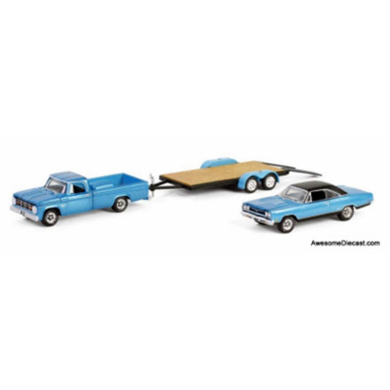 1969 Plymouth GTX  & 1967 Dodge D200 Pickup Truck w/Flatbed Trailer, Turquois: Graveyard Carz 1:64 Diecast Vehicles by Greenlight