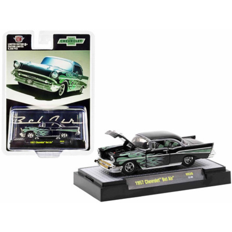1/64 M2 Machines 1957 Chevrolet Bel Air (Black Metallic with Green Flames) Diecast Car Model