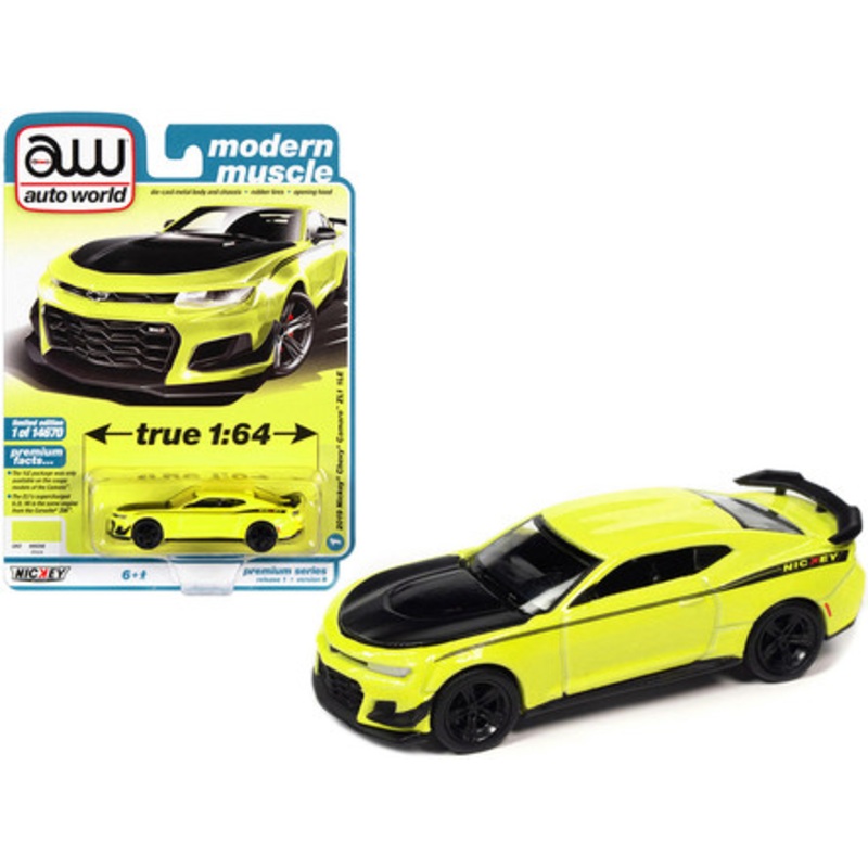 2019 Chevrolet Camaro Nickey ZL1 1LE Shock Yellow with Matt Black Hood and Stripes "Modern Muscle" Limited Edition to 14670 pieces Worldwide 1/64 Diecast Model Car by Auto World