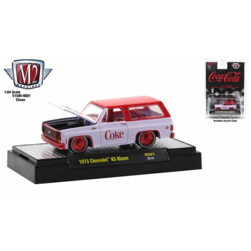 CHASE CAR 1/64 M2 Machines 1973 Chevrolet K5 Blazer with Lowered Chassis "Coke" White with Coke Red Top "Holley EFI" Diecast Car Model Limited