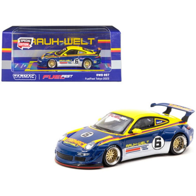Porsche RWB 997 #6 Blue and Yellow with Graphics "FuelFest Tokyo" (2023) Special Edition "Hobby64" Series 1/64 Diecast Model Car by Tarmac Works
