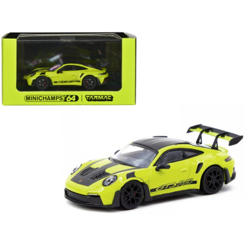 Porsche 911 (992) GT3 RS Acid Green with Carbon Hood Stripes and Top Limited Edition to 999 pieces Worldwide 1/64 Diecast Model Car by Minichamps & Tarmac Works