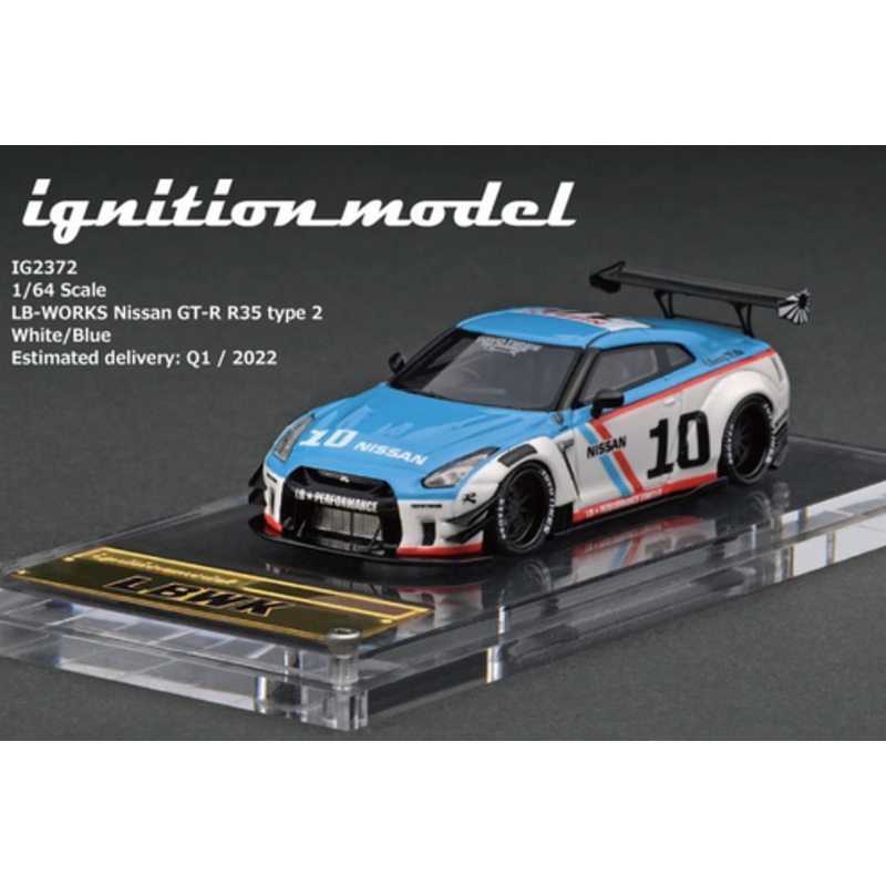 1/64 Ignition Model LB-WORKS Nissan GT-R R35 type 2 White/Blue Resin Car Model