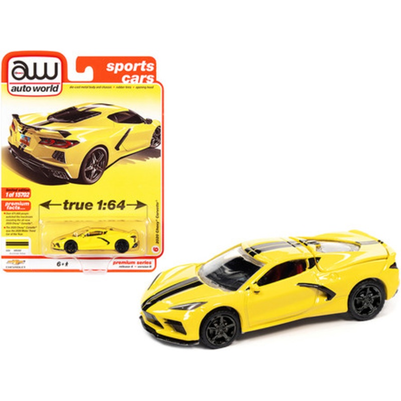 2020 Chevrolet Corvette C8 Stingray Accelerate Yellow with Twin Black Stripes "Sports Cars" Limited Edition to 15702 pieces Worldwide 1/64 Diecast Model Car by Autoworld