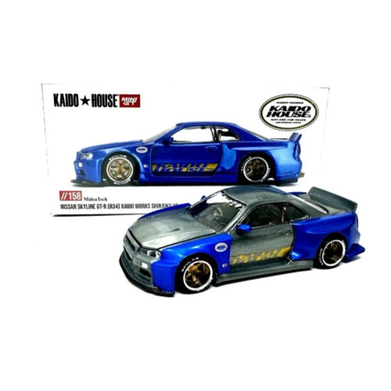 CHASE CAR 1/64 Kaido House & Mini GT Nissan Skyline GT-R (R34) Kaido Works (V2 Aero) SHINJUKU V2 (Blue) Diecast Car Model