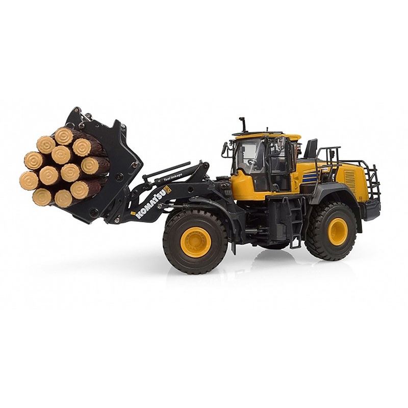 Komatsu WA475-10 Wheel Loader Yellow with Log Grapple and Log Accessories 1/50 Diecast Model by Universal Hobbies