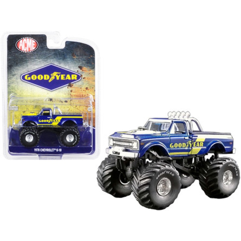 1970 Chevrolet K-10 Monster Truck "Goodyear" Dark Blue with Yellow Stripes "ACME Exclusive" 1/64 Diecast Model Car by Greenlight for ACME