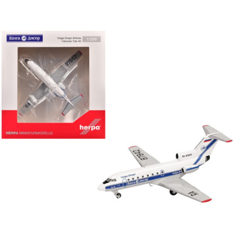 Yakovlev Yak-40 Commercial Aircraft "Volga-Dnepr Airlines" (RA-87842) White with Blue Stripes 1/200 Diecast Model Airplane by Herpa