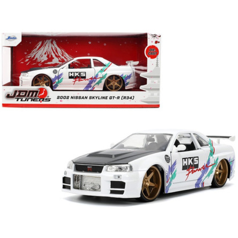 2002 Nissan Skyline GT-R (R34) RHD (Right Hand Drive) "HKS Power" White with Carbon Hood and Graphics "JDM Tuners" Series 1/24 Diecast Model Car by Jada