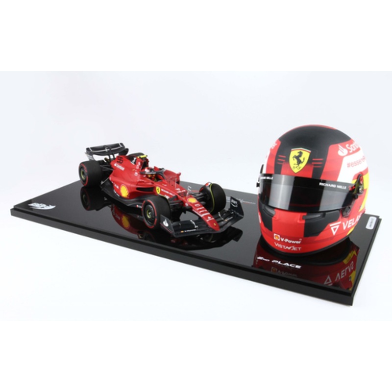 1/18 BBR 2022 Formula 1 Ferrari F1-75 Bahrain GP #55 Carlos Sainz 2nd Place Car Model & 1/2 Helmet Model Limited 27 Pieces