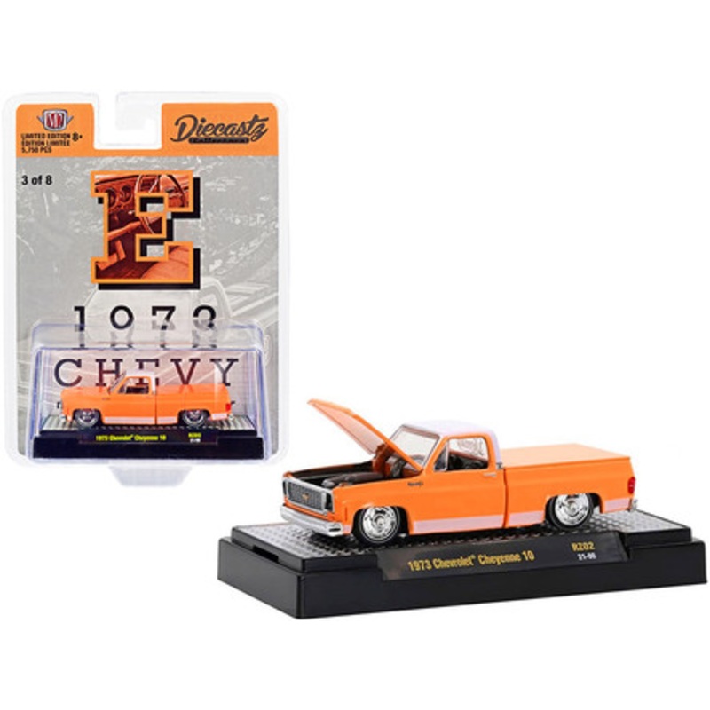 1973 Chevrolet Cheyenne 10 Pickup Truck with Bed Cover "E" Orange with White Top and Stripes "Diecastz Collectors" "Riverside Show Exclusives" Limited Edition to 5750 pieces Worldwide 1/64 Diecast Model Car by M2 Machines