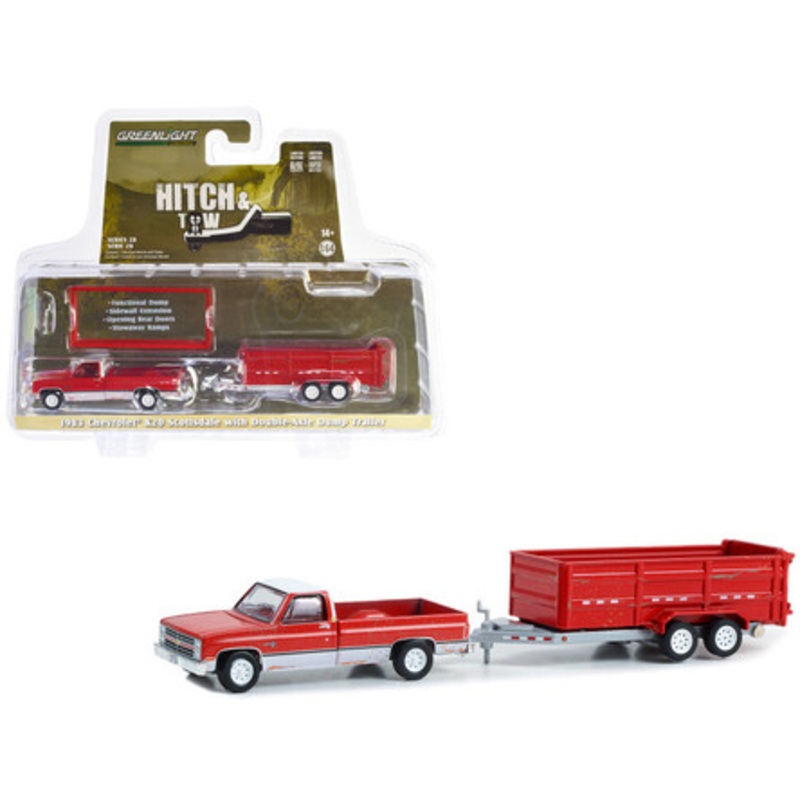 1983 Chevrolet K20 Scottsdale Pickup Truck Red and White (Weathered) with Double-Axle Dump Trailer "Hitch & Tow" Series 28 1/64 Diecast Model Car by Greenlight